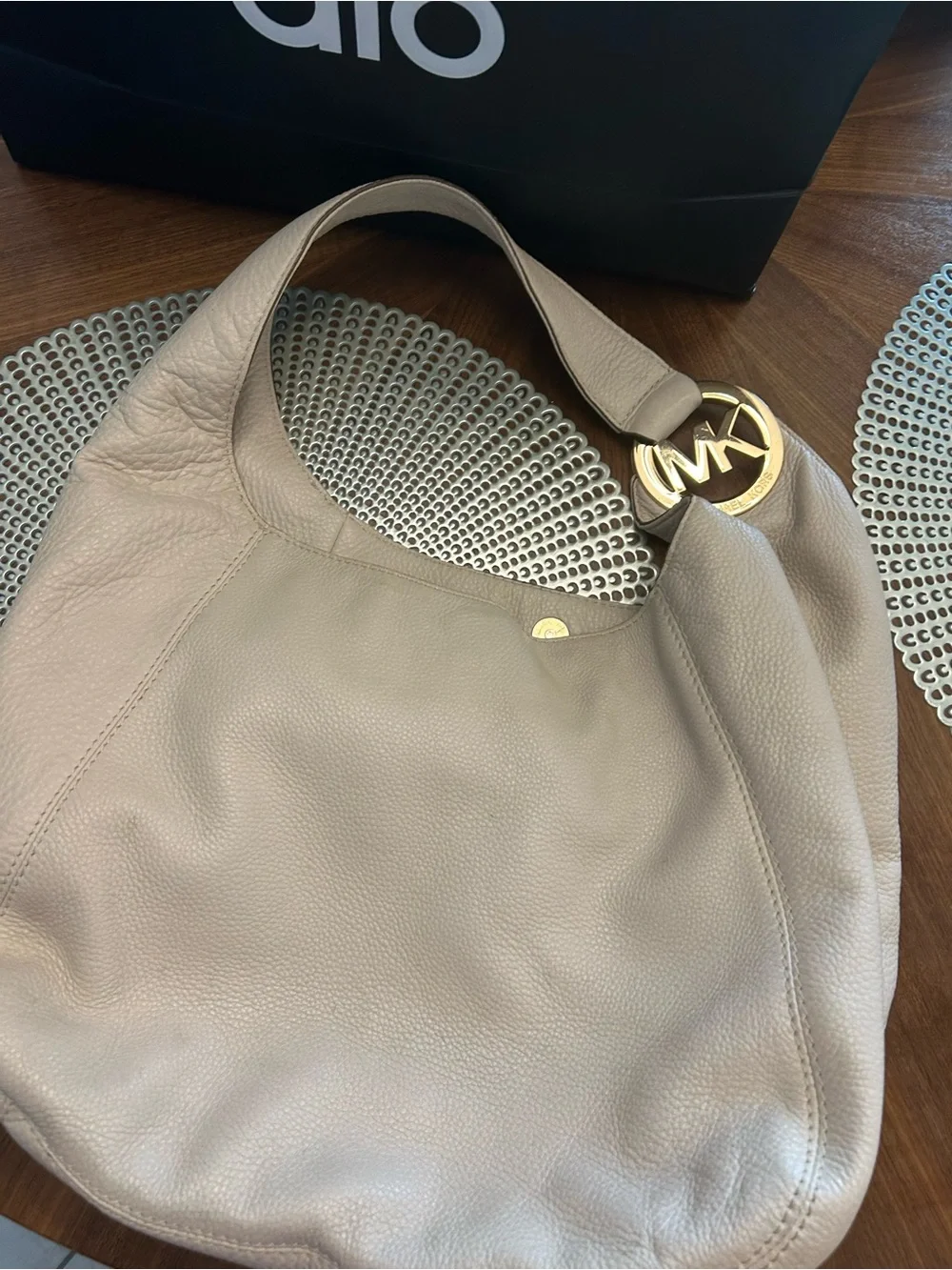 Michael Kors Beige Leather Shoulder Hobo Bag with Gold MK Logo